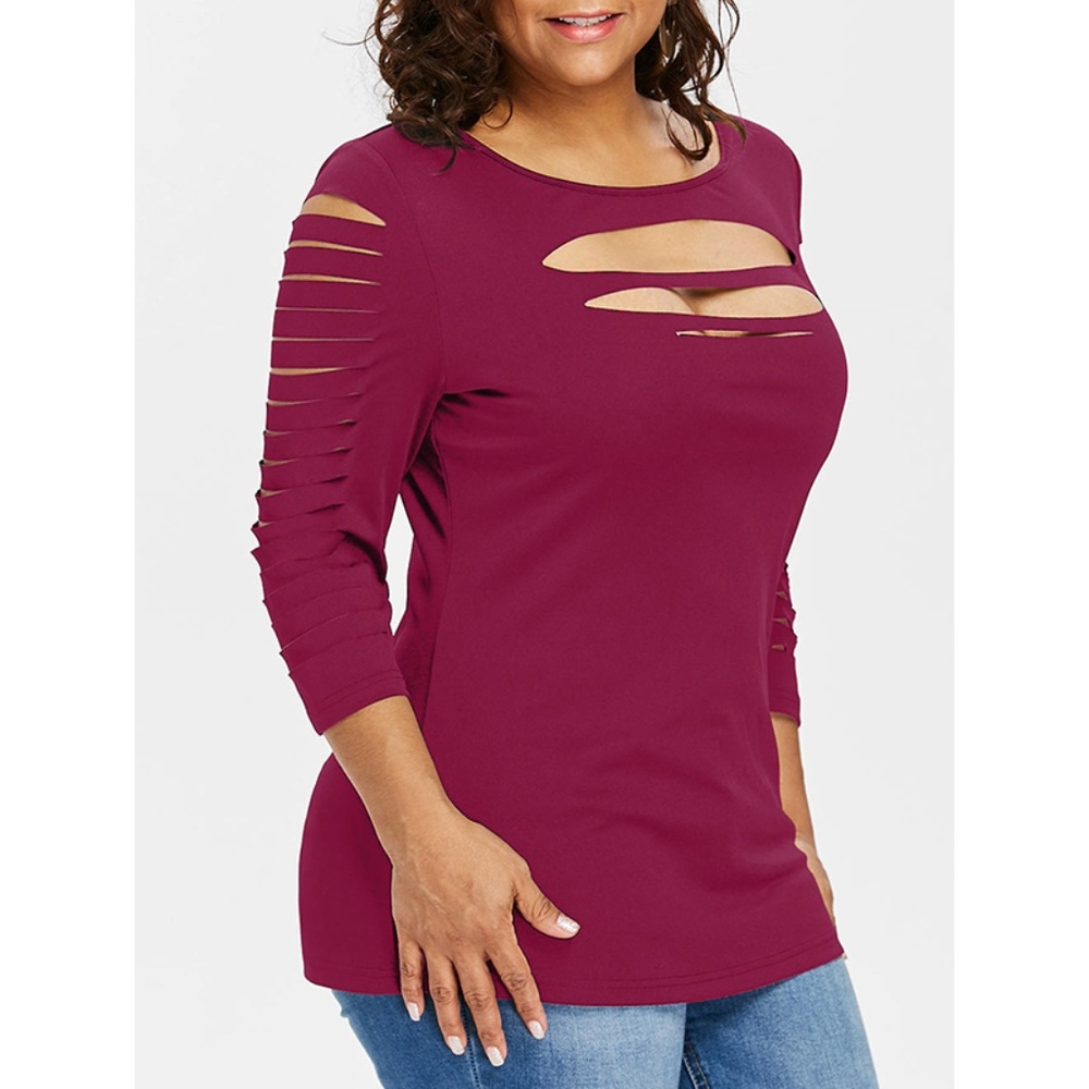 ☀ Rose Red Plus Size Long Sleeve Shredded Top ☀